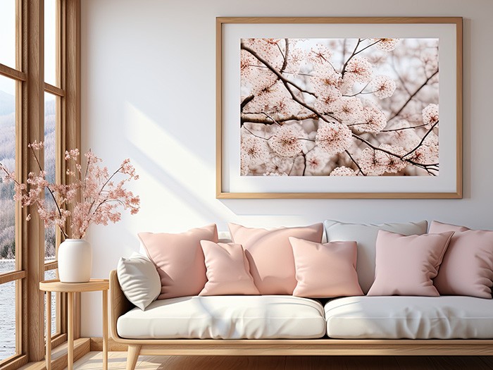  Living room featuring pink floral wall art.