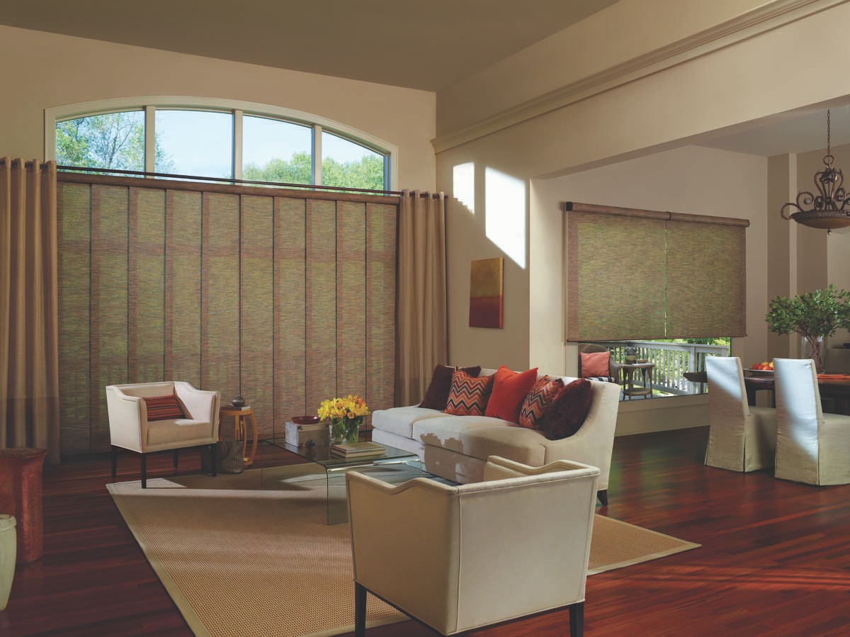 Hunter Douglas Skyline® Gliding Window Panels compliment and cover large windows near Albuquerque, New Mexico (NM).