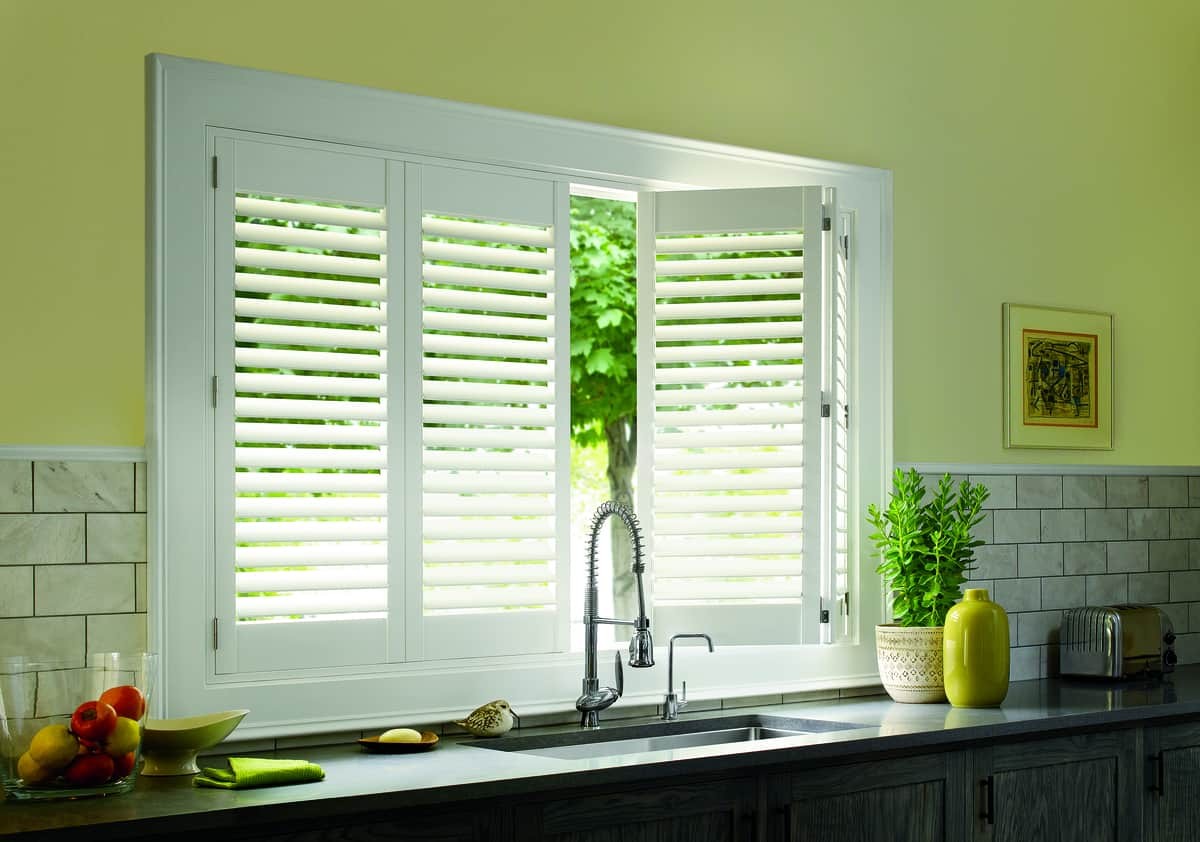 Palm Beach™ Polysatin™ Shutters near Albuquerque, New Mexico (NM)Hunter Douglas faux wood blinds for kitchens.