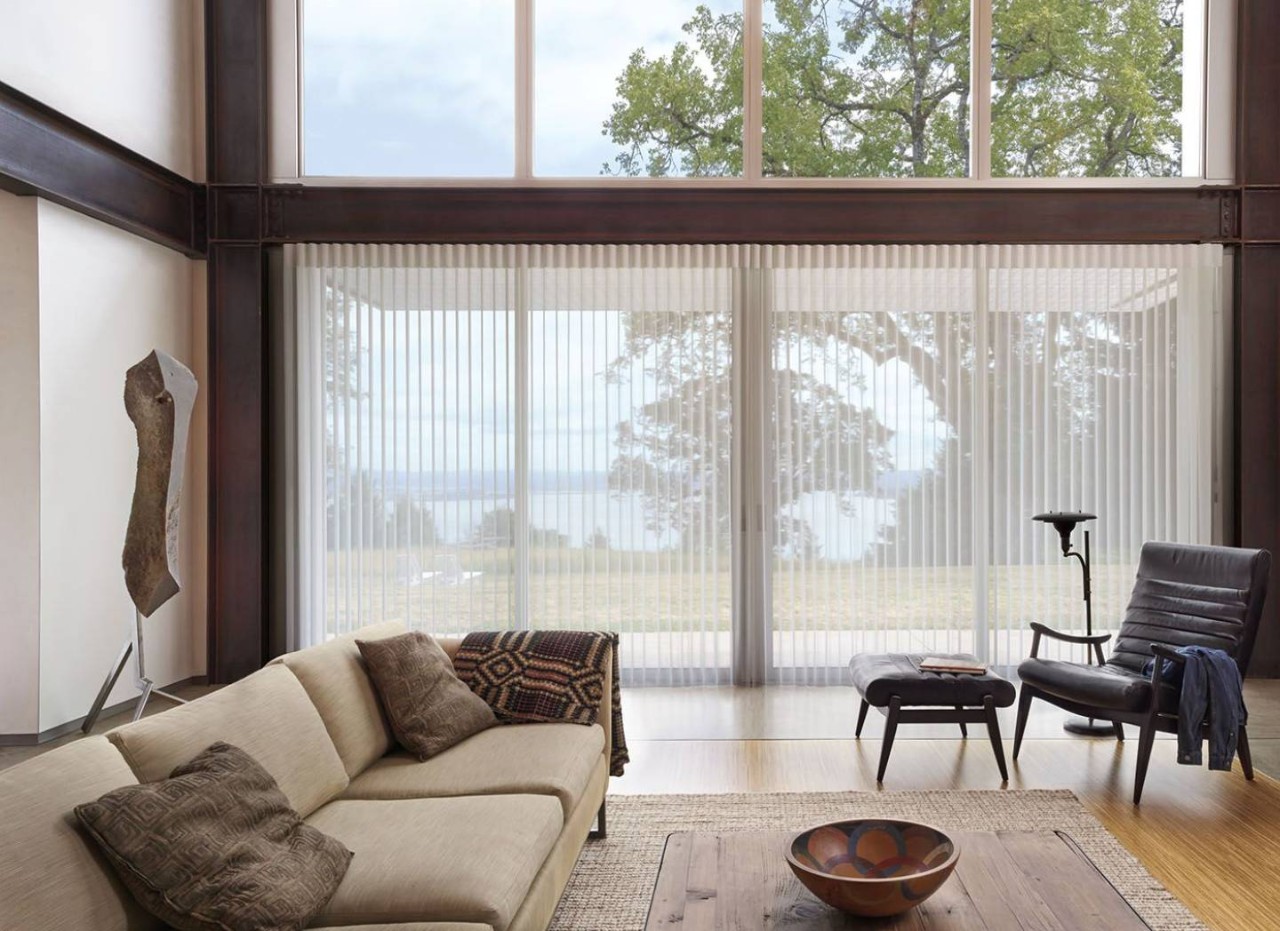 White Hunter Douglas Luminette® Sheer Panels on Sliding Glass Doors Leading to a Backyard near  Albuquerque, NM