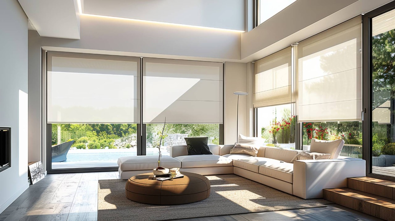 A modern living room with motorized shades at Blindscapes near Albuquerque, NM