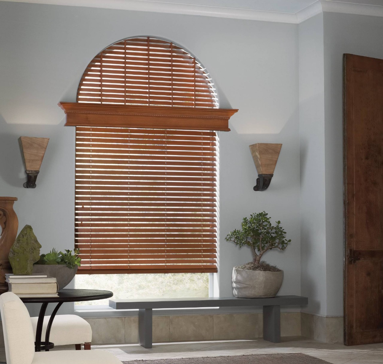 Hunter Douglas Parkland® Wood Blinds in an arched window Albuquerque, New Mexico (NM)