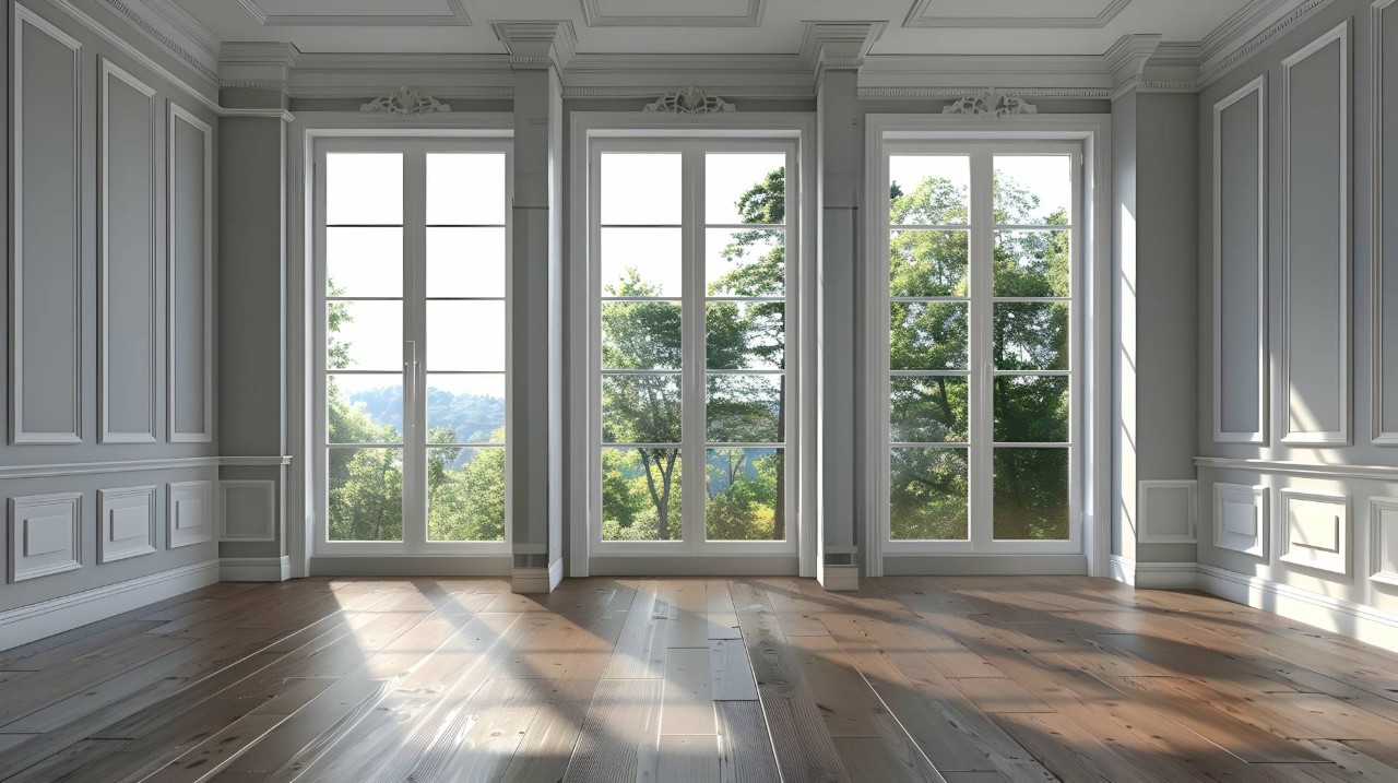 An interior room with three large French windows at Blind Scapes near Albuquerque, New Mexico (NM)